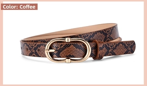 Close-up of coffee brown snake pattern leather belt with gold double oval buckle