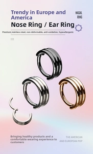 Three-layer stainless steel hinged clicker nose rings in black, silver and rose gold finishes