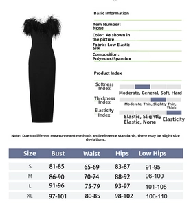 Größentabelle für das Feder-Schlauchkleid mit Brust-, Taillen- und Hüftmaßen in cm