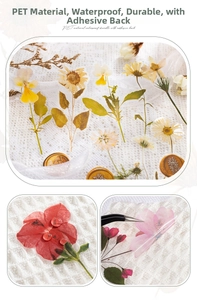 Detail showing waterproof PET floral stickers with vintage botanical dried flower patterns