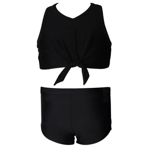 Two-piece black girls' bikini set featuring sleeveless knot-front top and high-waist bottoms
