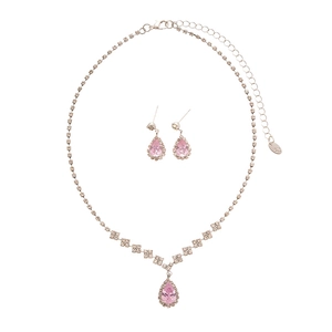 Luxury silver jewelry set featuring pink teardrop zircon necklace and matching earrings