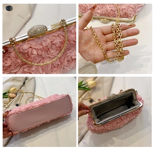 Detail shots of pink rose dinner bag featuring diamond clasp, gold chain, and inner pocket