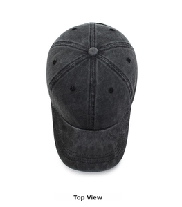 Overlooking view of dark grey washed cotton baseball cap with six-panel structure