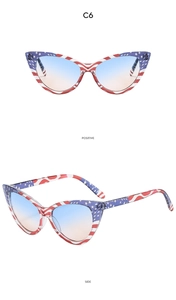 Cat eye sunglasses with US flag pattern frame and orange gradient lenses, front and side view