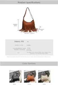 Detailed size specifications and color options for the solid color tassel crossbody bag