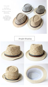 Detail view showing ethnic pattern band and jacquard weave on summer straw fedora hats