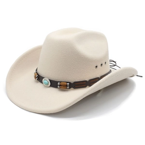 Chapeau de cowboy en feutre de laine beige avec large bord et pierre de turquoise