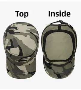 Top and inside views of a camouflage cadet cap showing durable fabric and adjustable strap