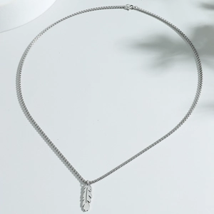 Minimalist silver stainless steel feather pendant necklace with a fine box chain