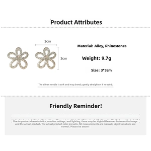 Detailed size chart showing 3x3cm rhinestone flower earrings with alloy and silver needle
