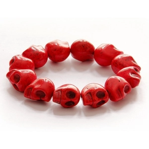 Gothic style red skull beaded bracelet with black marble texture on white background