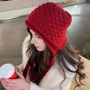 Knitted Wool Earflap Beanie Hat With Long Braid Tassels For Women Warm Winter Handmade Crochet Boho Style