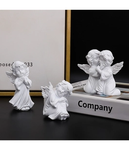 Three white resin praying angel statues with matte finish for desktop decoration