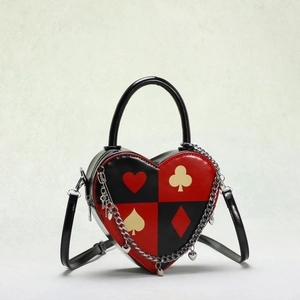 Heart Shaped Handbag PU Leather Poker Suit Print Crossbody Bag With Metal Chain Heart Pendant Fashion For Women