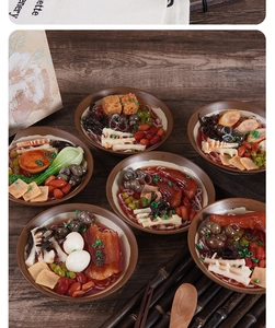 Macro detail of artificial Luosifen noodle bowls featuring realistic toppings and textures