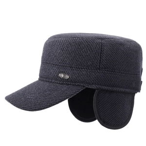 Winter flat top cap for men with ear flaps and thick twill warm fabric in dark grey