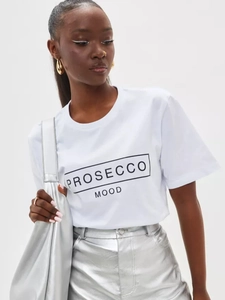 Detail of Prosecco Mood print on white cotton t-shirt showing fabric quality and design