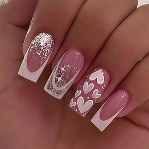 Pink French Gradient Press On Nails With Silver Glitter And White Heart Pattern Medium Long Square Fake Nails For Women Beauty