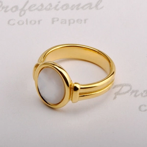 Detail of 18K gold-plated titanium ring with oval white shell and double-line band design