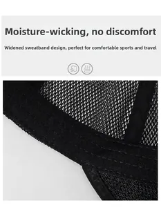 Detail of widened sweatband and breathable black mesh for moisture wicking sport cap