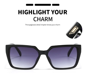 Detail of square sunglasses with purple gradient lenses and gold D logo on black temples