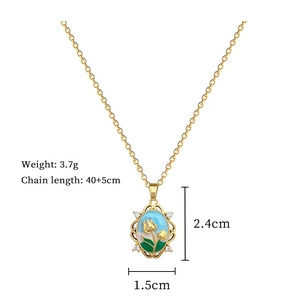 Detail of enameled tulip pendant with measurements and product weight info