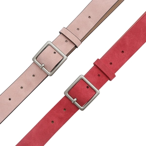 Light pink and red PU leather belts with square metal buckles on a white background