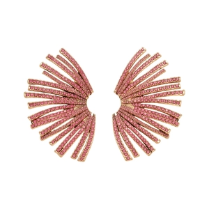 Fashionable geometric fan-shaped earrings with pink crystals and rose gold finish