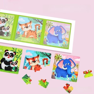 Detail showing thick animal puzzle pieces with pandas and tigers on pink background