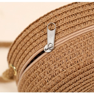 Detail of a round woven straw bag showing the smooth zipper closure and texture