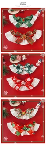 Detail of festive pet lace collars with layered ruffles and holiday bows for dogs and cats