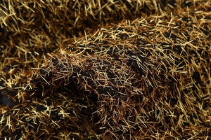 Detailed macro view of metallic fringe fabric texture on a long sleeve bomber jacket