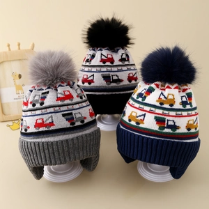Kids Knit Earflap Hat Winter Warm Fleece Lined Beanie With Pom Pom Construction Vehicle Truck Excavator Pattern For Boys Girls