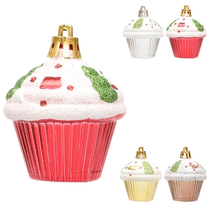 Cupcake shaped Christmas ornaments in gold, red and silver with glitter frosting finish