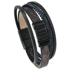 Detail of multi-layer leather bracelet with blue weave, snakeskin pattern and magnetic clasp