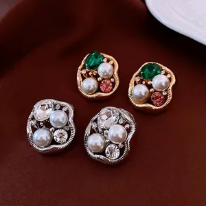 Baroque Irregular Oval Stud Earrings Alloy Colorful Rhinestone Faux Artificial Pearl With 925 Sterling Silver Earring Post Vintage Jewelry