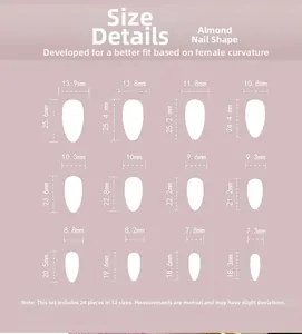 Size chart for almond-shaped press-on nails detailing 12 different mm measurements