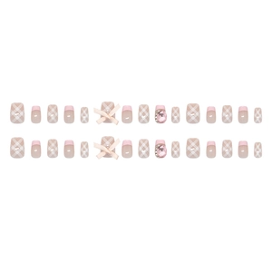 Pink and white checkered press-on nails with sweet 3D bows and sparkling rhinestones