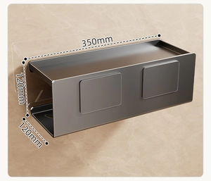 Wall-mounted dark grey metal shelf dimensions 350x120x120mm with adhesive mount detail