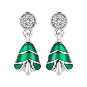 925 Sterling Silver Christmas Tree Stud Earrings Green Enamel Zirconia Inlaid Oxidized Silver Earrings Jewelry For Women Gift