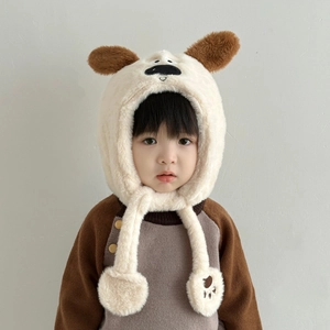 Cute cartoon puppy plush hat for children with ear flaps and soft beige faux fur
