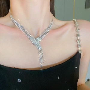 Detail of silver tassel necklace with rhinestones worn by a model on the neckline