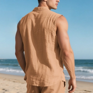 Men's casual sleeveless linen beach shirt in khaki with turn-down collar, back view