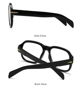Side and back view of retro square black frame sunglasses with gold temple accents