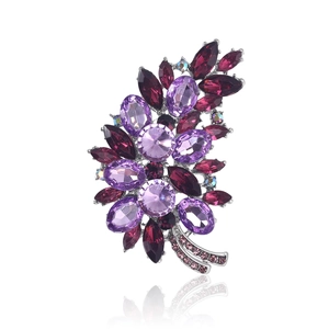 Elegant silver alloy brooch with purple and pink crystals in a flower leaf design