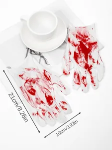 Detailed view of Halloween blood-splattered gloves with size dimensions 21cm x 10cm