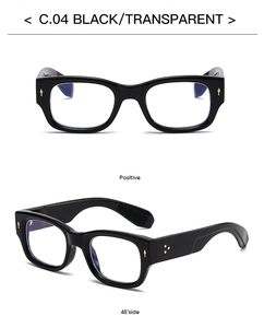 Front and 45-degree side view of black rectangular frame sunglasses with clear lenses