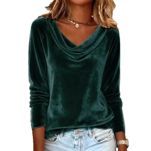 Green long sleeve velvet top featuring a sophisticated cowl neck for women's elegant style