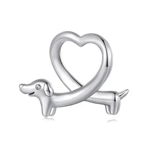 Dachshund Dog Heart Charm 925 Sterling Silver Bead Oxidized Zircon DIY Jewelry Accessory For Bracelet